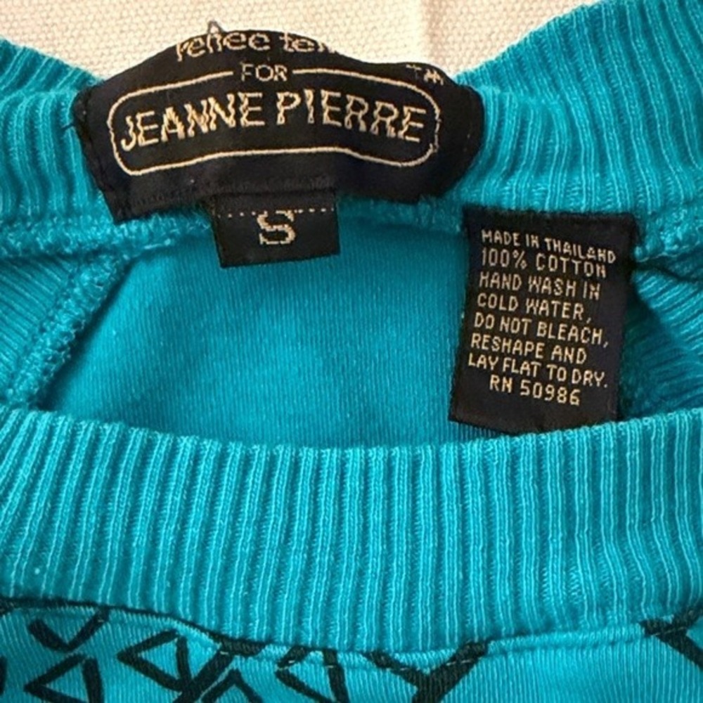 Jeanne Pierre Sweater Womens S Graphic Print Turquoise Blue Cotton Ribbed Trim - Picture 2 of 9